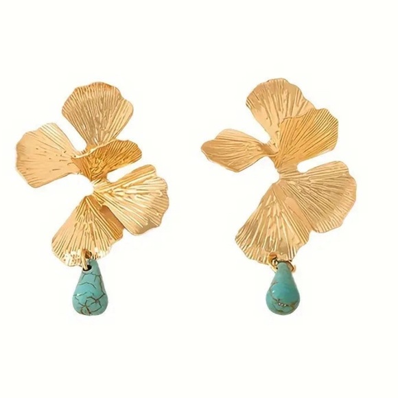 Gold Flower Turquoise Drop Stone Earrings - Picture 3 of 9